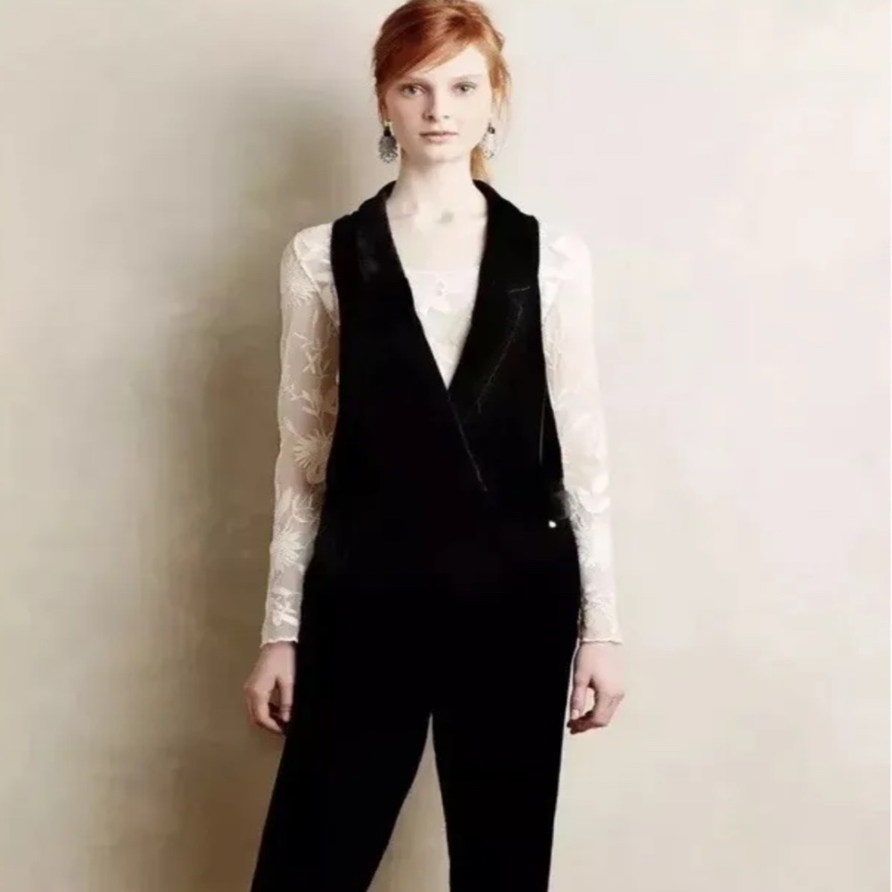 Anthropologie Harlyn Velvet One Piece Black Tuxedo Jumpsuit Size Medium NWOT